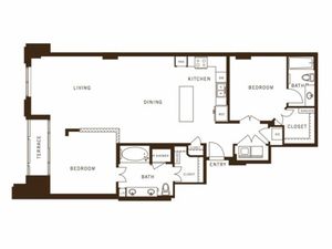 Two bedroom, two bathroom, terrace, living room, dining room, kitchen, two walk in closet, laundry room, utility closet, coat closet, and pantry. 1328 square feet B1 floor plan.