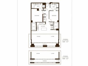 Two bedroom, two bathroom, terrace, living room, dining room, kitchen, two walk in closet, laundry room, utility closet, coat closet, and pantry. 1572 square feet B5 floor plan.