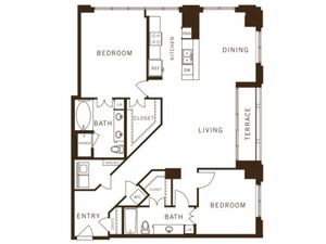 Two bedroom, two bathroom, terrace, living room, dining room, kitchen, two walk in closet, laundry room, utility closet, coat closet, and pantry. 1488 square feet B3 floor plan.