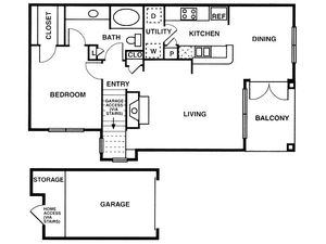 A2 one bed, one bath with attached garage, dining room and balcony
