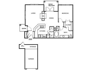 A6 one bed, one bath with attached garage, dining room and patio/balcony