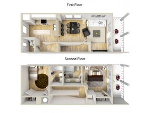 Two bedroom two and a half bath town home 3D floor plan