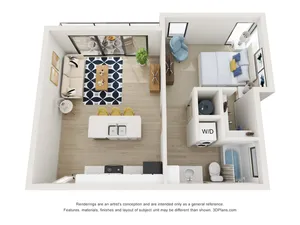 Modern 1-bedroom 3D floor plan featuring an open-concept living area, cozy bedroom, and stylish kitchen with breakfast bar.