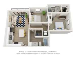 Modern 3D floor plan showcasing 2 bedrooms, a cozy living area with a stylish rug, and a sleek kitchen with an island. Ideal layout for comfortable urban living.