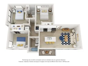 Modern 3D floor plan showcasing 2 bedrooms, sleek kitchen, and cozy living area with balcony access.
