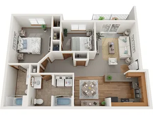 Modern 2D floor plan showcasing 2 bedrooms, a bright living room, open kitchen with dining area, and private balcony. Stylish design for comfortable living.