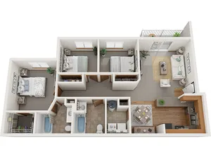 Modern 3D floor plan showcasing 3 bedrooms, a cozy living room, and an elegant open-plan kitchen with a dining area, complemented by two stylish bathrooms. Features natural lighting and a charming balcony space.