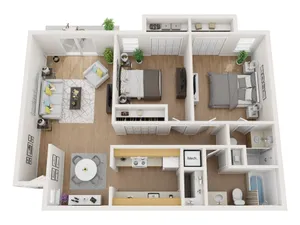 Modern 3D floor plan with two spacious bedrooms, a stylish open-concept living and dining area, a fully equipped kitchen, and dual bathrooms. Includes a private balcony for relaxing views.
