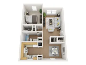 Modern 3D floor plan showcasing a cozy one-bedroom apartment with an inviting open-concept living area, stylish kitchen, and an elegant dining space.