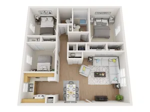 Modern 3D floor plan featuring three spacious bedrooms, two bathrooms, an open-concept living and dining area, and a fully equipped kitchen.