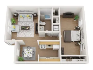 Contemporary 3D floor plan featuring one bedroom, a cozy living room, a modern kitchen, and a stylish dining area with elegant décor.