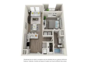 Charming 3D floor plan showcasing a contemporary one-bedroom apartment with an open living area, stylish kitchen, and modern amenities.