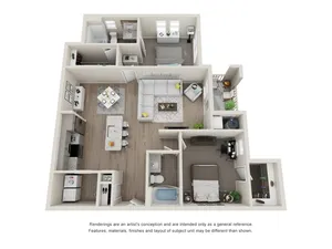 Contemporary floor plan showcasing 2 bedrooms, a modern kitchen with island seating, and a cozy living room with balcony access.