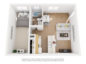 Inviting floor plan with one bedroom, open living room, dining area, and modern kitchen.