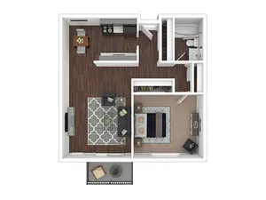 Modern floor plan featuring 1-bedroom, open-concept living area, chic kitchen, and private balcony.