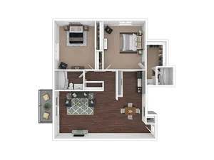 Modern 2D floor plan showcasing 2 cozy bedrooms, an inviting open-concept living area, and a sleek kitchen with dining space, all complemented by a charming balcony.