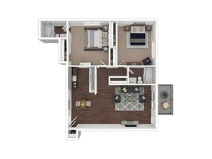 Modern floor plan showcasing 2 bedrooms with hardwood flooring and a cozy balcony, featuring an open-concept living and dining area for stylish living.