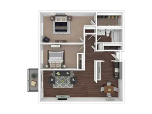 Modern floor plan featuring 2 spacious bedrooms, a cozy living area, elegant kitchen, and a private patio.