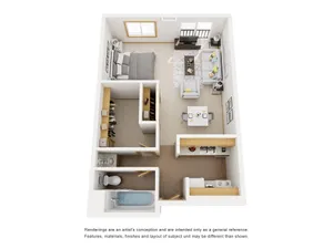 Modern 3D floor plan showcasing a cozy apartment with one bedroom, an open living and dining area, a compact kitchen, and a bathroom. Perfect for efficient living.