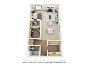 Modern 3D floor plan featuring a spacious living area, cozy bedroom, sleek kitchen, and contemporary bathroom with ample storage.