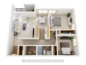 Modern 3D floor plan showcasing a spacious 2-bedroom apartment with an open living area, stylish kitchen, and cozy bedrooms.