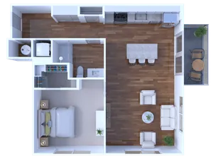 Modern 3D floor plan showcasing a spacious one-bedroom apartment with an open-concept kitchen and living area, featuring stylish furnishings and a cozy balcony.