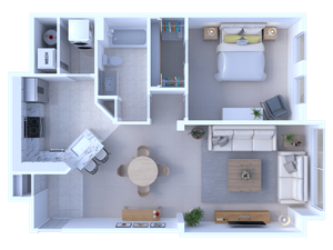 Contemporary floor plan with a cozy bedroom, elegant open-concept kitchen, and inviting living area perfect for entertaining.