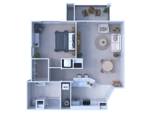 Modern 1-bedroom apartment floor plan with open living area, stylish kitchen, and cozy balcony.