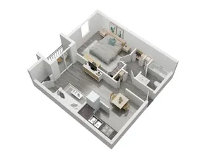 Modern 3D floor plan showcasing a spacious bedroom, contemporary kitchen, and cozy living area with elegant furnishings.