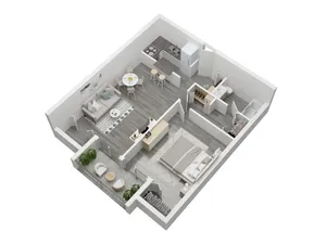 Chic 3D floor plan highlighting a cozy 1-bedroom apartment with an open living area, modern kitchen, and inviting balcony.