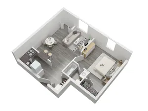 Modern 3D floor plan showcasing a cozy 1-bedroom apartment with an open-concept living area, stylish kitchen, and inviting bathroom.