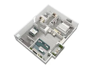Modern open-concept floor plan with a spacious bedroom, stylish living area, chic dining space, and private balcony. Ideal for urban living.