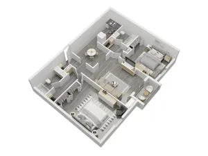 Modern 3D floor plan with 2 spacious bedrooms, elegant living room, and a stylish open kitchen.