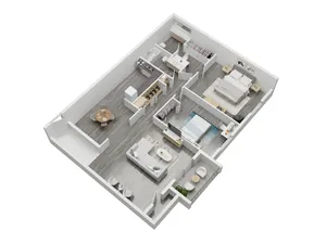 Modern 3D floor plan showcasing a stylish layout with 1 bedroom, a cozy living area, open kitchen, and a dining space, including a walk-in closet and sleek bathroom.