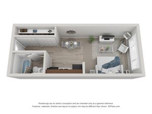 Studio apartment floor plan with an open-concept living area, compact kitchen, and stylish bathroom. Features include a cozy seating area and natural light through large windows.