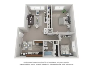 2 bedroom floor plan featuring two spacious bedrooms, a comfortable living area, stylish dining space, and a sleek kitchen. Ideal for a cozy lifestyle.