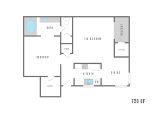 Modern 720 sq ft floor plan featuring a spacious bedroom, open living and dining area, stylish kitchen, and private balcony.