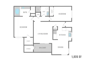 Modern 2D floor plan offering 2 bedrooms, 2 bathrooms, a spacious living room, and a cozy balcony, totaling 1,035 sq ft.