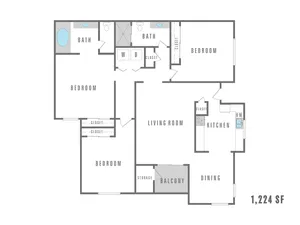 Modern floor plan showcasing 3 bedrooms, 2 baths, open-concept living room, kitchen, dining area, and charming balcony, spanning 1,224 square feet.
