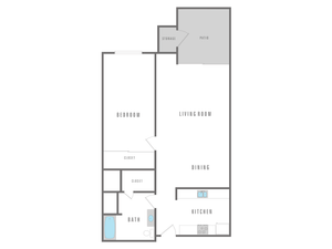 Modern floor plan featuring 1 bedroom, open living and dining area, cozy kitchen, and relaxing patio.