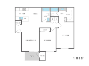 Modern floor plan with 2 bedrooms, spacious living and dining area, kitchen, 2 baths, and patio, totaling 1,063 sq ft.