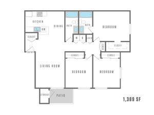 Spacious 3-bedroom floor plan featuring open-concept living and dining area, modern kitchen, dual bathrooms, and a cozy patio, totaling 1,389 sq ft.