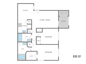 Modern 930 sq ft floor plan featuring 2 cozy bedrooms, open living and dining area, stylish kitchen, and private patio.