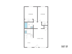 Efficient 2D floor plan displaying a compact 2-bedroom layout with a versatile living area and kitchen, perfect for modern living in 567 sq ft.