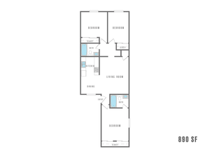Modern 890 sq ft floor plan featuring 2 spacious bedrooms, 2 bathrooms, and a welcoming open-concept living and dining area.