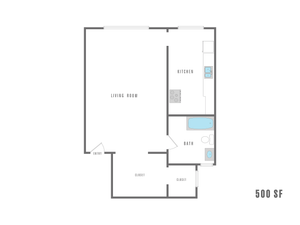 Charming 500 SF floor plan featuring an inviting living room, efficient kitchen, and modern bath with ample closet space.