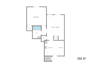 Modern 2D floor plan displaying 1 bedroom, a cozy living room, and a sleek kitchen with dining area, ideal for compact living at 555 sq ft.