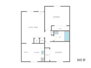 Efficient 2D floor plan of a cozy apartment featuring 2 bedrooms, a spacious living room, kitchen with dining area, and 645 sq ft of living space.