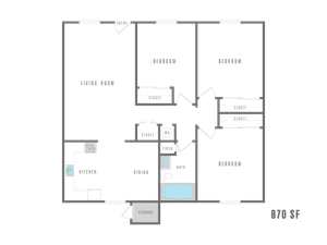 Modern 870 sq ft floor plan with 3 spacious bedrooms, open living room, functional kitchen, and ample storage.
