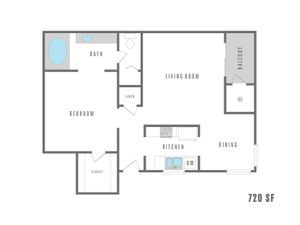 Contemporary 720 SF floor plan featuring a spacious bedroom, open living and dining area, modern kitchen, and private balcony.